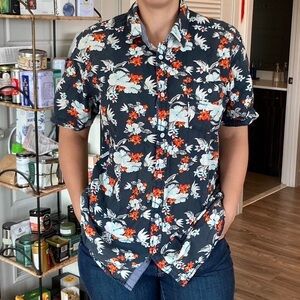 Free Planet Hawaiian Print Short Sleeve Button Down Shirt M